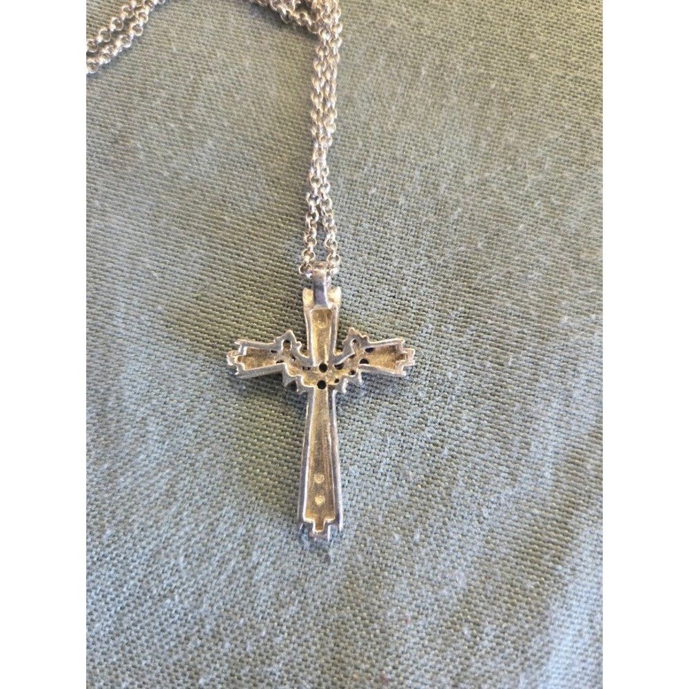 Vintage 925 Sterling Silver Blue Sapphire Cross Pendant Necklace Ribbed Design - Picture 3 of 4